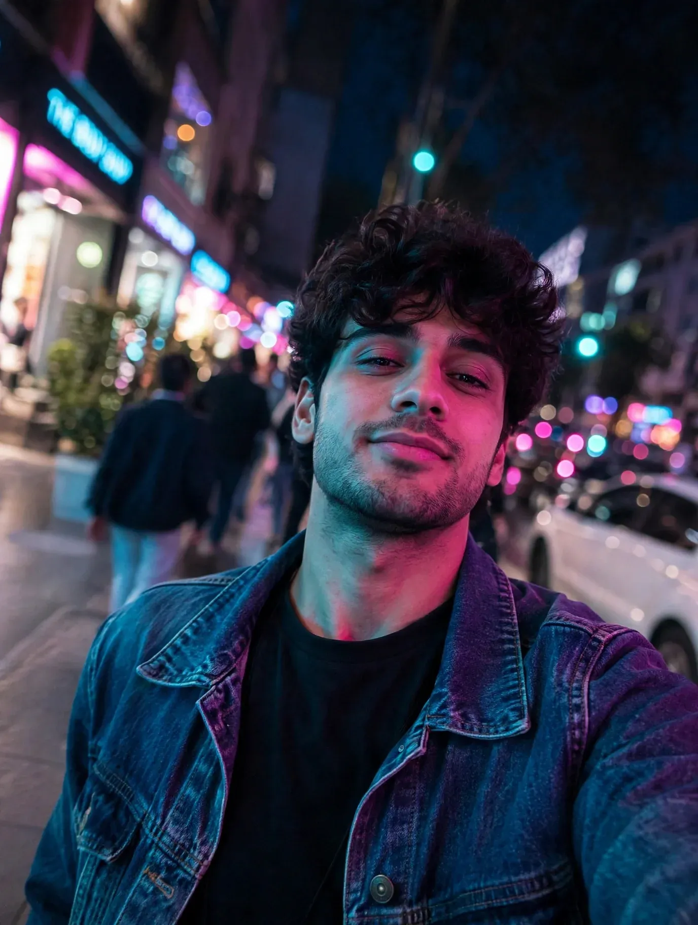 Selfie edited with the Neon Nights AI filter